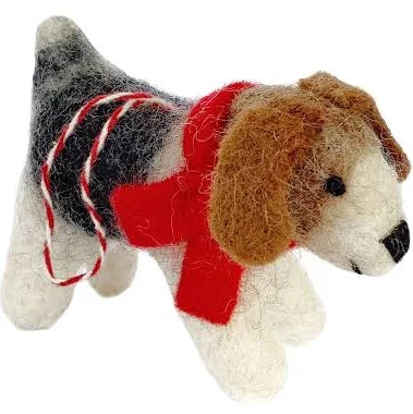 Dog w/Red Scarf Tufted Wool Ornament